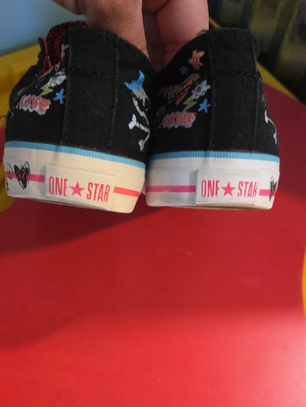 Converse Kids One Star Black Sneakers with Neon Yellow Laces and Pink Trim